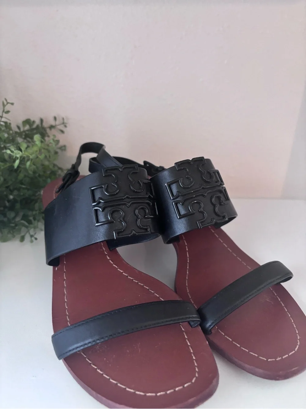 Tory Burch Black Leather Slingback Block Heel Sandals